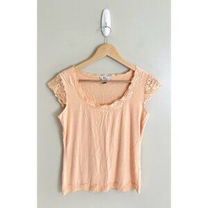 Casual Corner Women’s Top Lace‎ Sleeves Trim Peach Orange Stretch Sz Medium